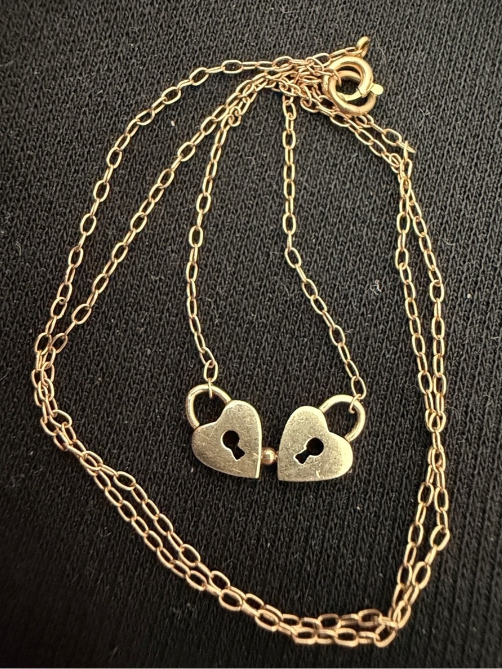 Solid 14K gold necklace with two hearts padlocks, vintage 14” long
